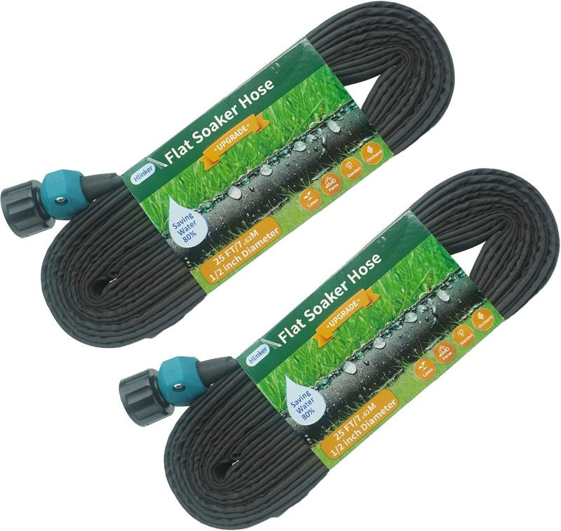 Hlinker Flat Soaker Hose 25 50 FT for Garden Beds, 50Ft (25FT X 2) 1/2" Linkable Consistent Drip Irrigation Hose Save 80% Water, Leakproof Heavy Duty Double Layer Sprinkler Hose - Image 1